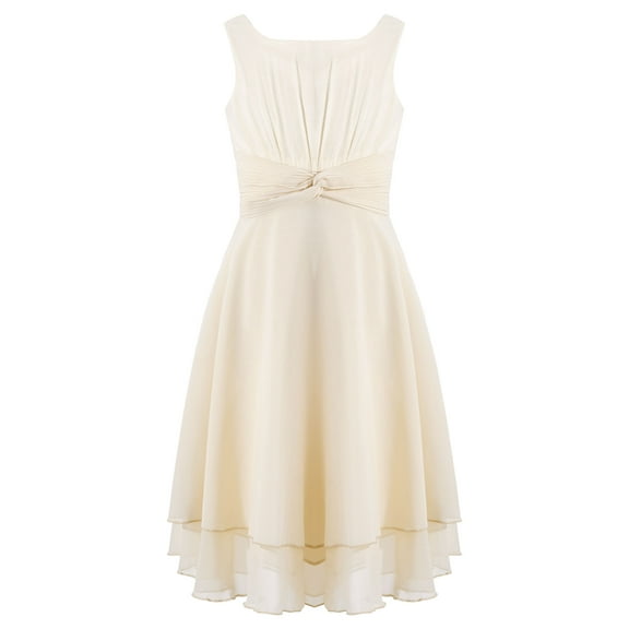 TiaoBug Kids Girls Chiffon Flower Dress Sleeveless Knotted Waist Wedding Birthday Ruched Party Gowns Beige 8