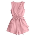 thumbnail image 7 of TEAJOPSUU Women's Summer Short Rompers Cotton Blend Elegant Sleeveless Wrap V Neck Tie Waist Wide Leg Short Jumpsuits with Pockets Pink, 7 of 7