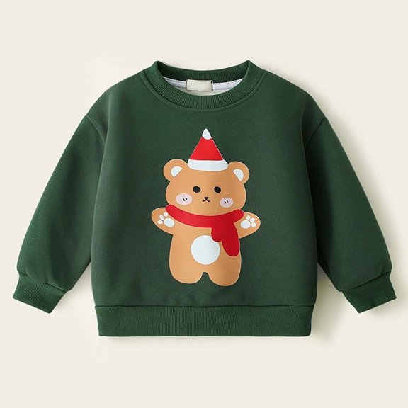 Crewneck Sweatshirt Boys Christmas Fleece Pullover Crew Neck Long Sleeve Hoodless Sweatshirt Green 3-4 Years