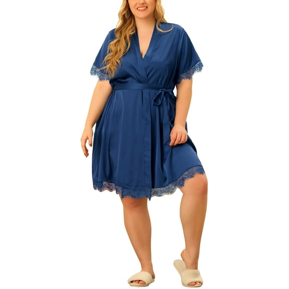 Agnes Orinda Women's Plus Size Satin Lace Floral Tie Front Nightgown with Pocket 1X Blue