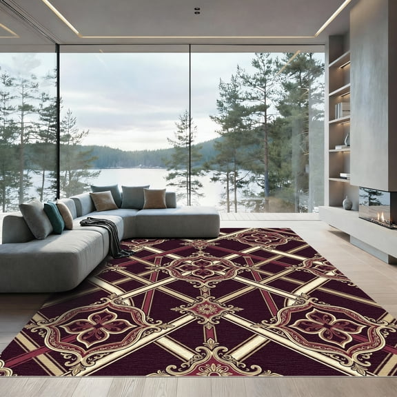 ODIKA 4'x6' Machine Washable Non-Slip Area Rug, Oriental Burgundy High Traffic Rug, Red, 1294680