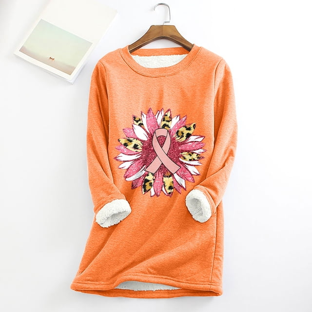 Jsaierl T-Shirts Cancer du Sein pour Femmes Hiver Doublé Polaire Chandail Grande Taille Col Rond Manches Longues Raglan Blouses Chaudes T-Shirts de Sensibilisation