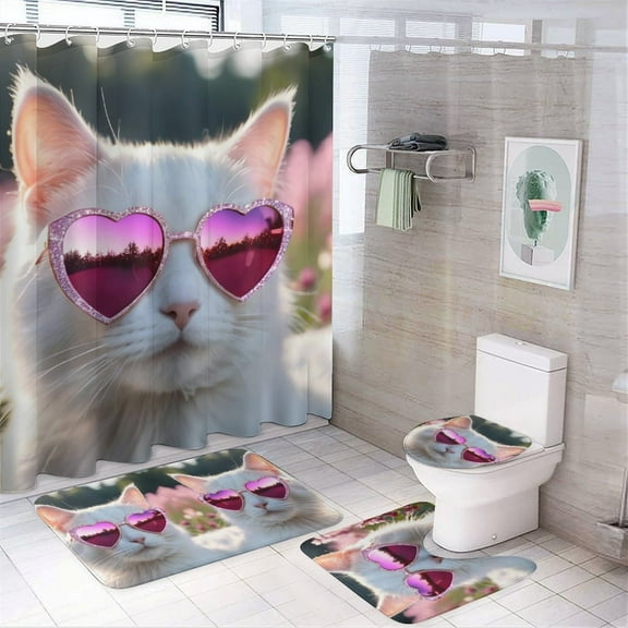 Cat Print Shower Curtain Set, Cute 4-Piece Bathroom Decor Set with 72" x 72" Shower Curtain, Toilet Cover Mat, U-Shaped Mat, Non-Slip Floor Mat