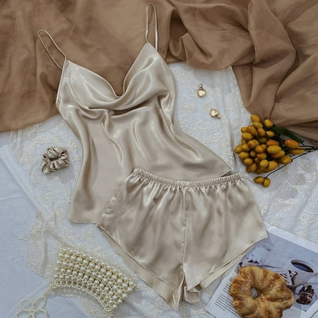 

New Solid Ice Silk Pajamas Women s Thin Home Suspender Shorts Set Light Two Piece Home Clothes Women Pajama Sets A XL