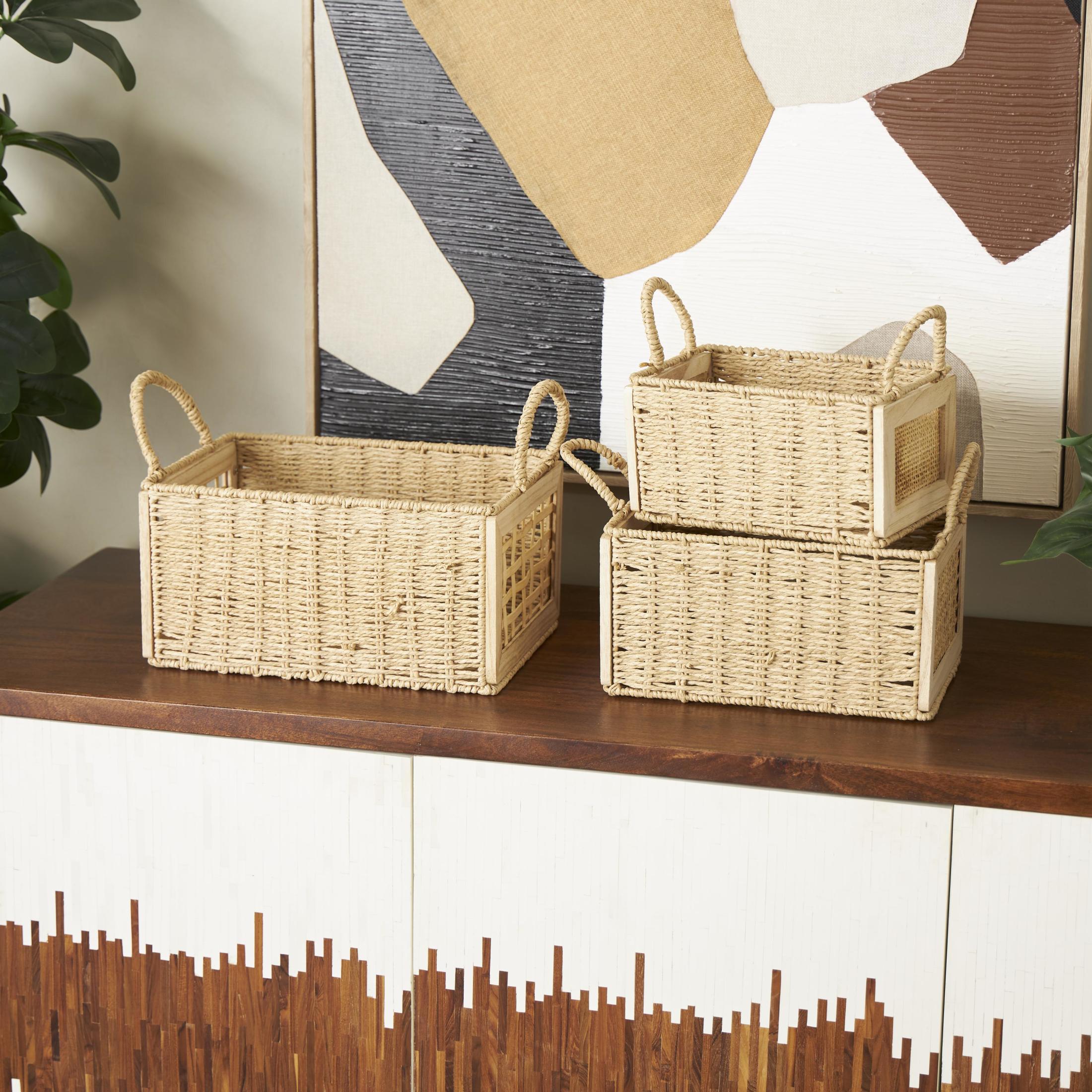 DecMode 14", 12", 11"W Brown Rattan Woven Storage Basket with Rope Handles, 3-Pieces