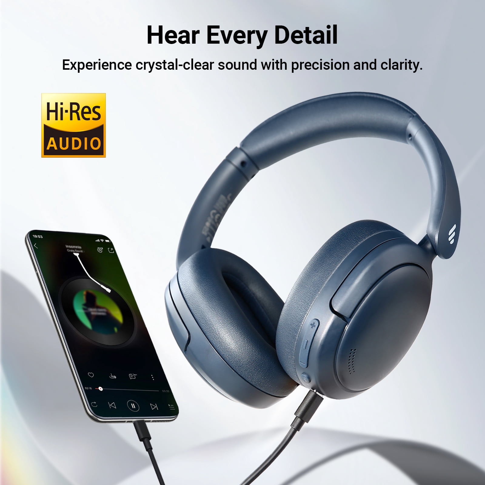 Edifier V80 Hybrid Active Noise Cancelling Headphones, True Wireless Over Ear Bluetooth Headset with 45H Playtime/Hi-Res Audio/Fast Charging/Multipoint Connection for Travel Home Office - Navy Blue