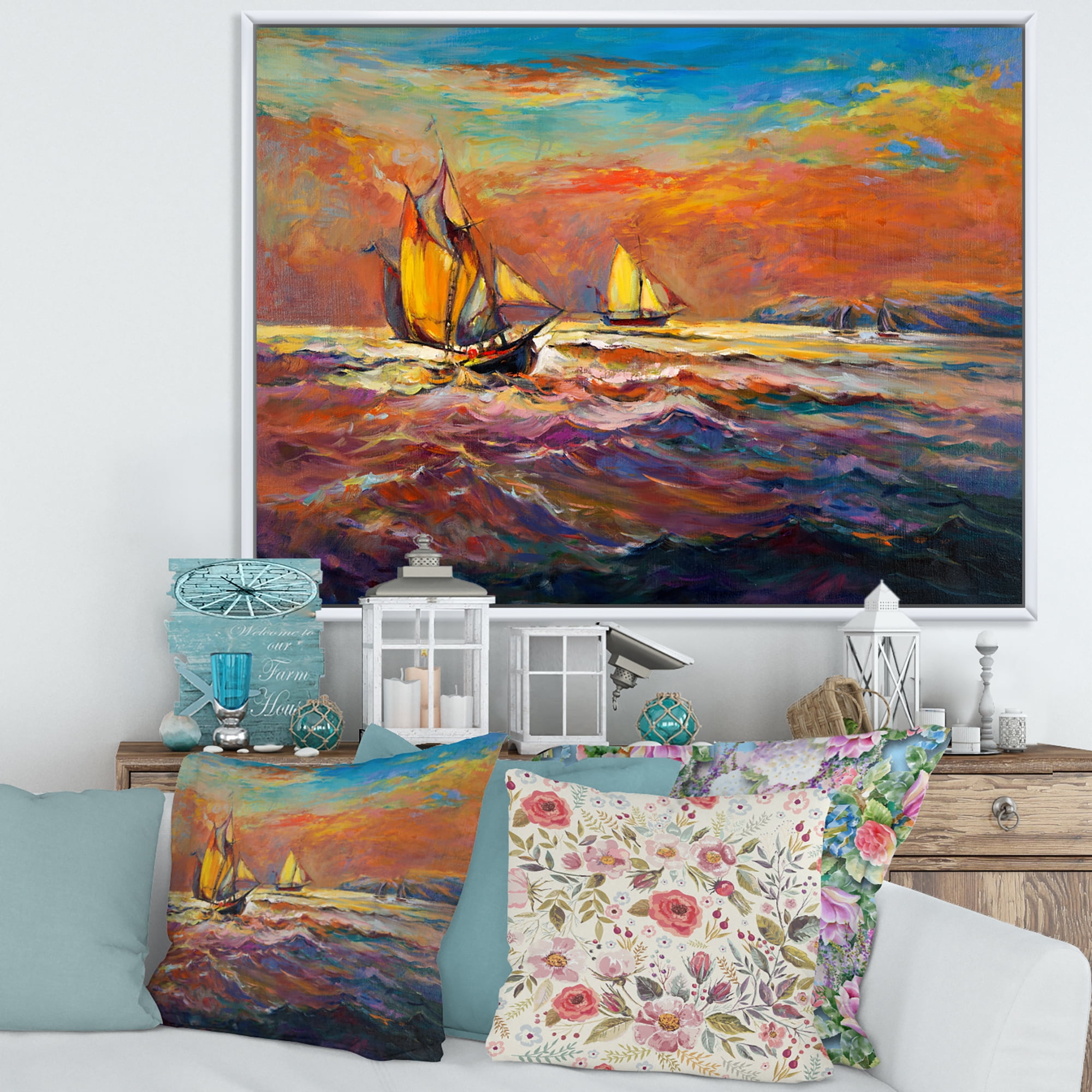 Sailships On The Ocean Waves During Orange Evening Glow 32 in x 16 in Framed Painting Canvas Art Print, by Designart