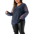 thumbnail image 4 of Blusa de manga larga transparente con brillo de strass para mujer de tallas grandes Agnes Orinda 1X azul, 4 of 6