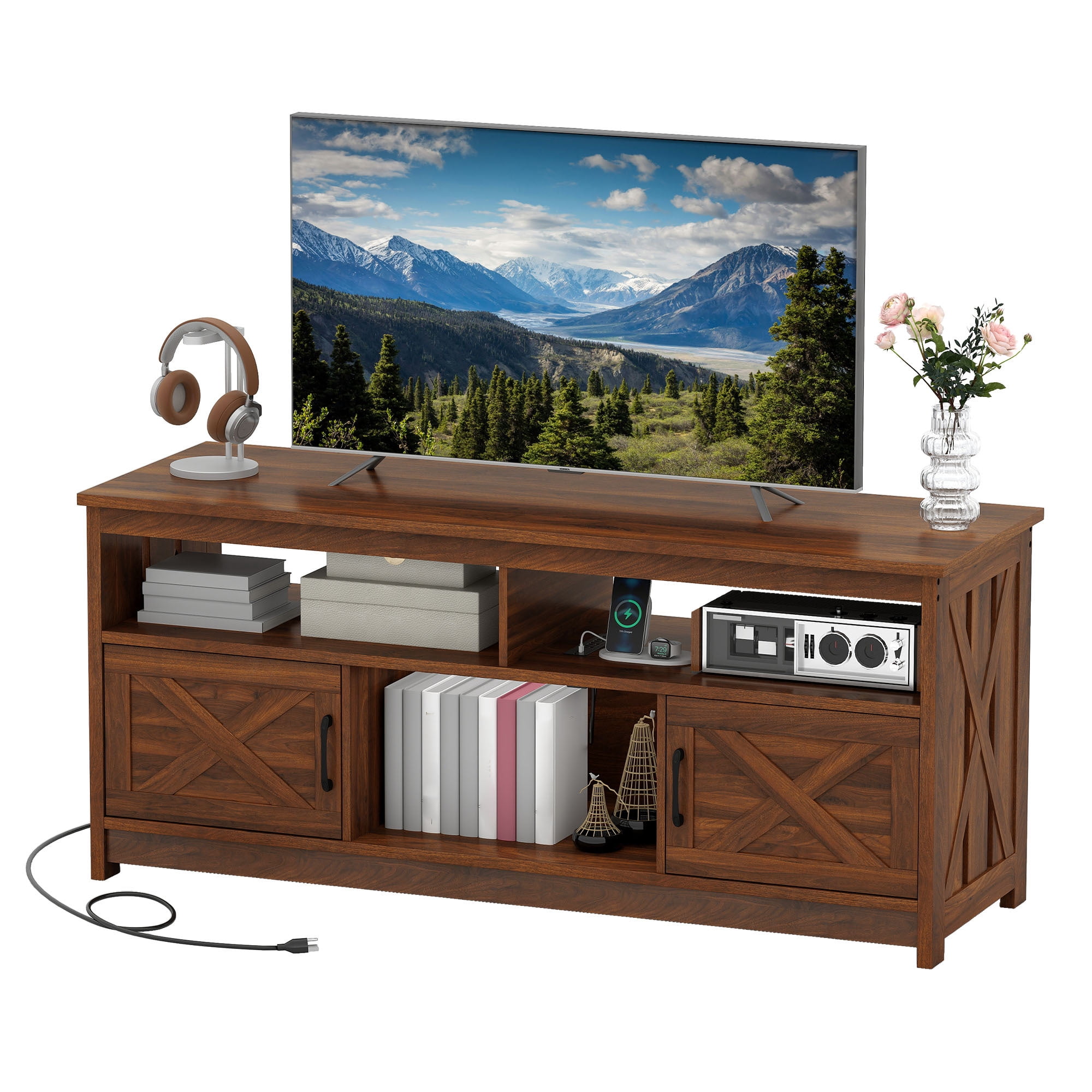 Uforic 59 Inch Rustic TV Cabinet Fits 55/65 Inch TVs, with Side X-Brace Decor, Built-in Charging Station & Partitioned Open Storage Shelves, Home Living Room, Walnut