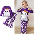 thumbnail image 3 of Bellafa Baby Girl Halloween Outfit Ruffle Long Sleeve Crew Neck Pumpkin Ghost Print Tops Shirt+ Bell Bottoms Toddler Fall Outfits-1PCS, 3 of 10