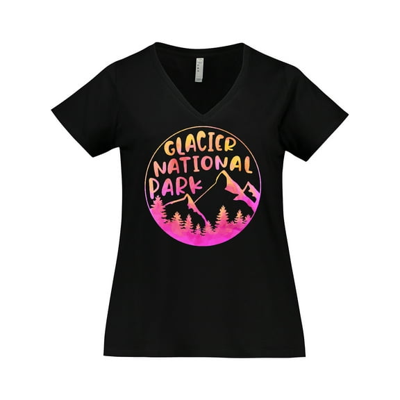 Inktastic Glacier National Park Montana Pink Mountains Women's Plus Size V-Neck T-Shirt