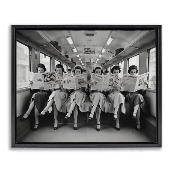 Stupell Industries Newsprint Ladies on Train Black Framed Floater Canvas Wall Art, design by A Barefoot Stylist