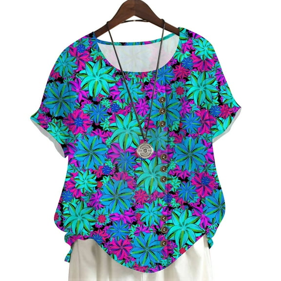 CLOOCL Women Crew Neck Blouse Fantasy Leaf 3D Printed Short Sleeve Tees Plus Size