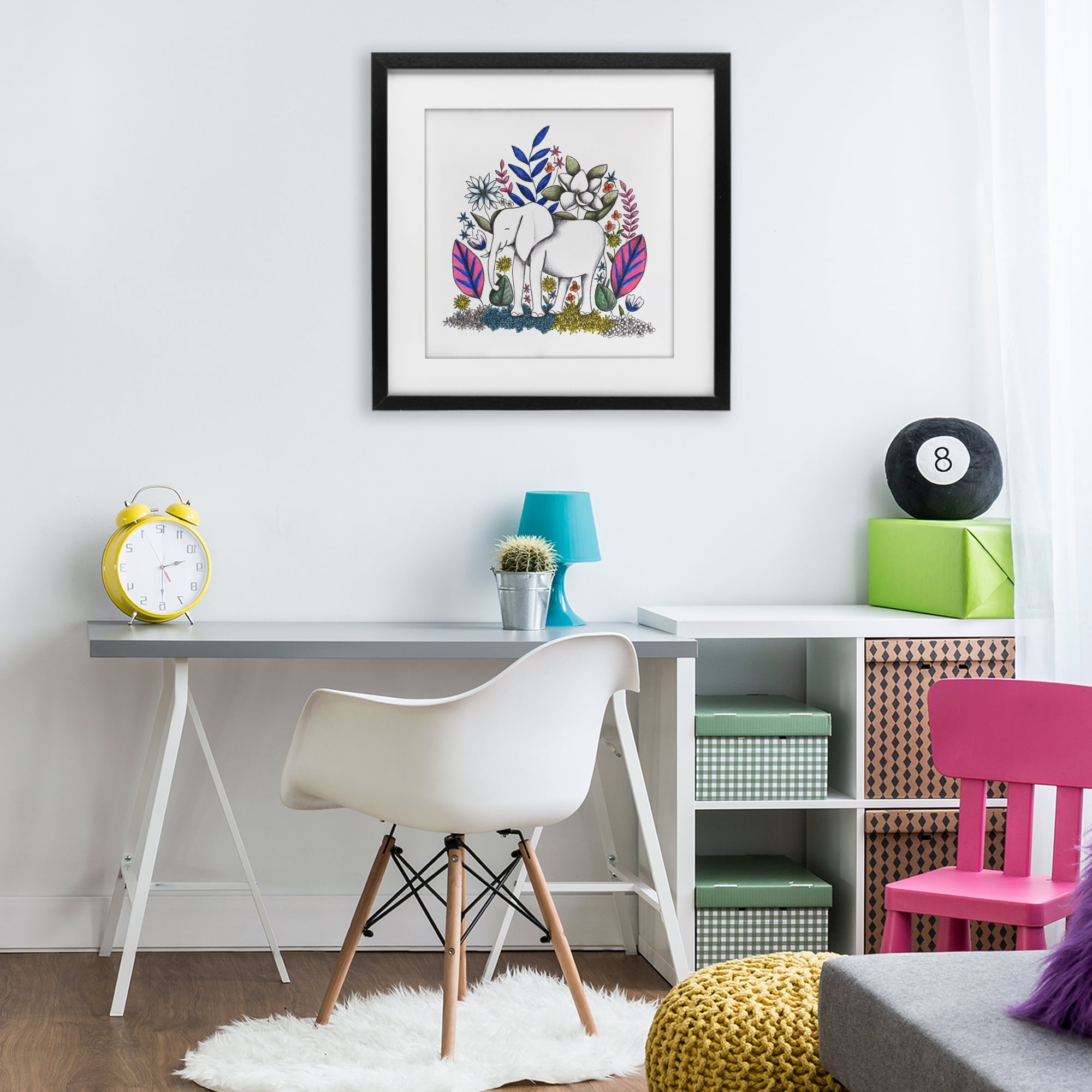 Elephant in Midst of Flowers Black Framed Print Under Glass, design by Cecilia Battaini