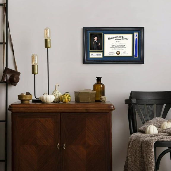 Class of 2025 Diploma Frame with Tassel Holder for 8.5x11 Certificate and 5x7 Photo,Solid Wood,Tempered Glass,Navy over Gold Mat