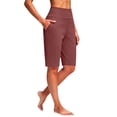 thumbnail image 4 of Women's Knee Length Bermuda Yoga Shorts, High Waisted Loose Wide Leg Summer Shorts with Pockets, Stretchy Athletic Gym Shorts for Casual Workout Daily Wear Wine M, 4 of 5