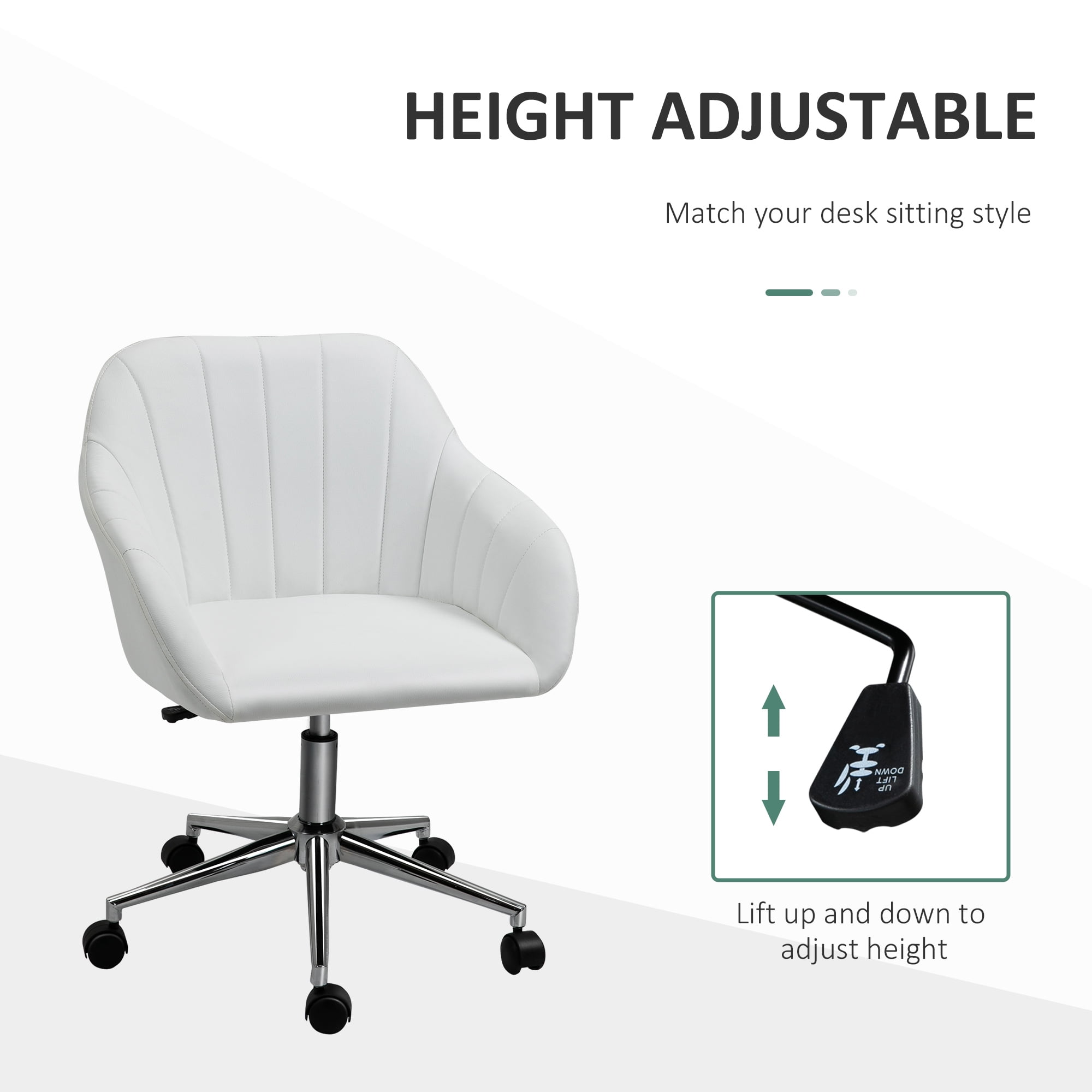 White Faux Leather Office Chair with Adjustable Height and Swivel Wheels