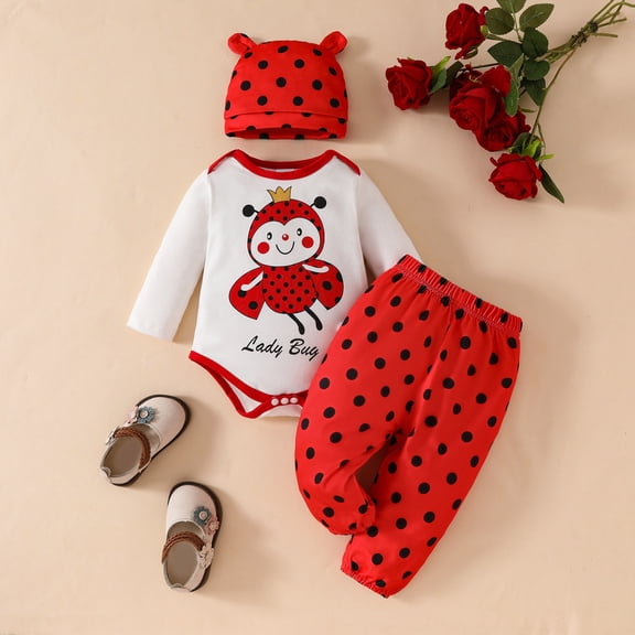 Girl Clothes Long Sleeve Ladybug Print Romper with Polka Dot Pants and Hat Set Girls Outfits Red 9-12 Months