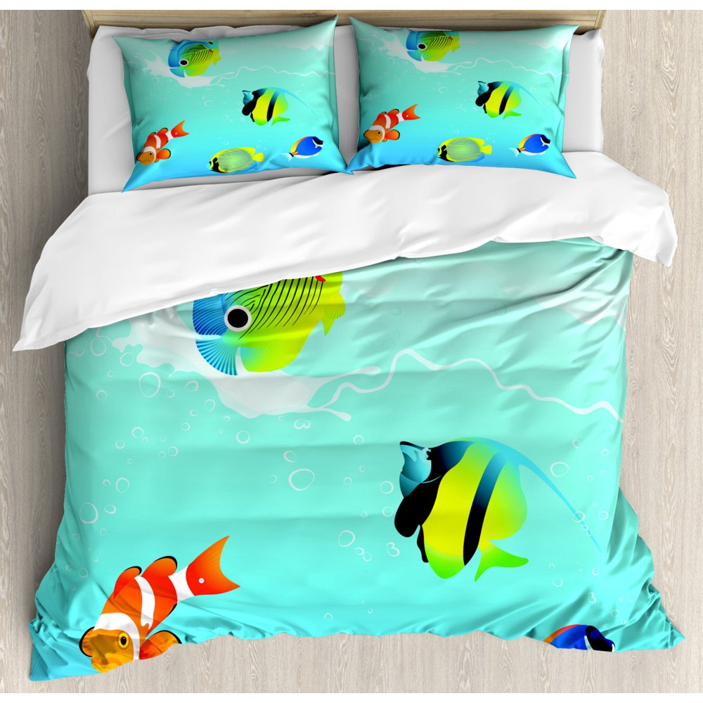 Ocean Duvet Cover Set Queen Size, Nautical Navy Deep Sealife Image with Exotic Tropical Exotic