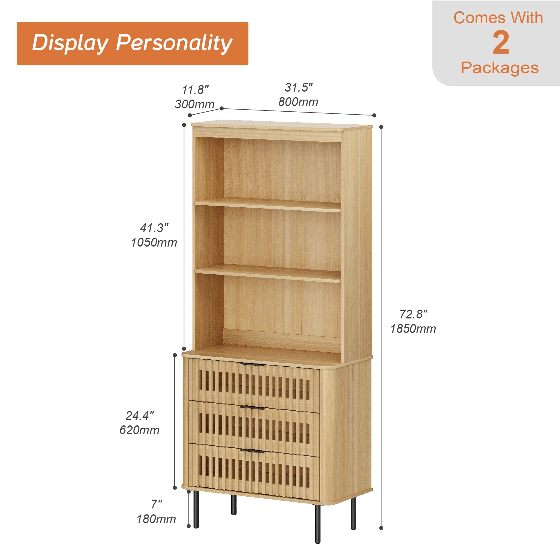72.8" Tall Kitchen Pantry Storage Cabinet with Large Drawers, Modern Fluted Kitchen Cabinet, Adjustable Shelf, Cable Management, 3 Tier Freestanding Cupboard for Dinning Room, Oak