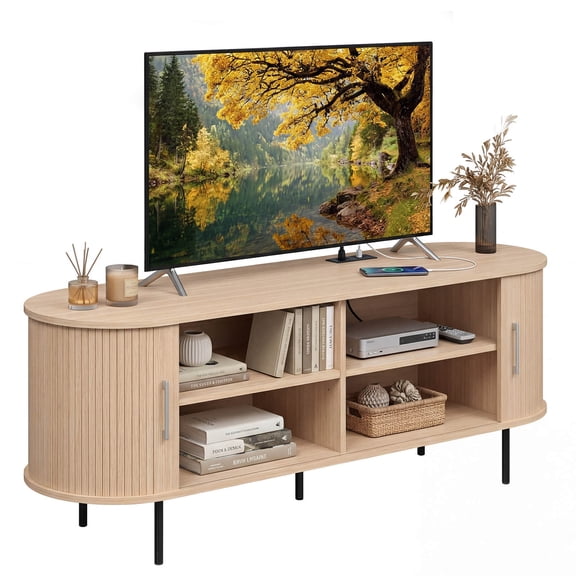 Costway Fluted TV Stand for TVs up to 60”, Mid Century Curved Entertainment Center Natural