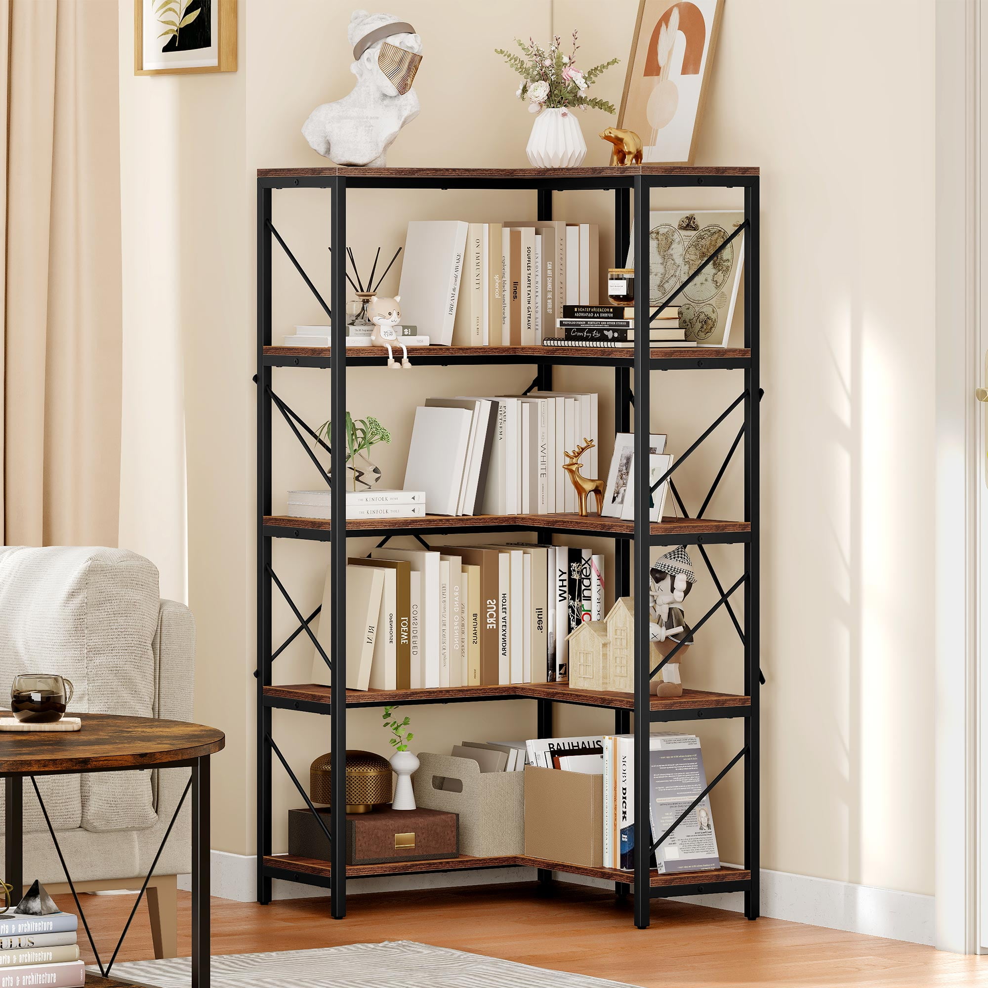 Dextrus 5-Tier L-Shaped Bookcase Storage Organizer, Tall Corner Bookshelf Open Display Freestanding Storage, Brown