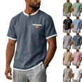 thumbnail image 2 of Cotton Linen Shirts for Men Short Sleeve Collarless Button Henley Shirt Casual Beach Oversized T-Shirts with Pockets,Navy,S, 2 of 8