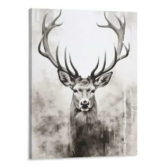 Creowell Deer Wall Decor, Young Buck Canvas Art Print, Black and White Rustic Hunting Pictures, Animal Head Paintings for Bathroom Home Rustic Cabin Decor Ready to Hang (16x12n)