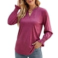 thumbnail image 3 of Blouse V Neck Ruffle Cuffs Long Sleeve Pure Color Fashionable Casual Tops for Women, 3 of 6