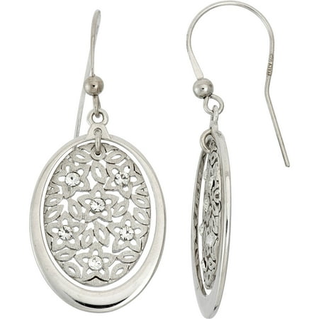 Giuliano Mameli Crystal Accent Rhodium-Plated Sterling Silver Matte-Finished Oval Star Pattern Polished Frame Drop Earrings