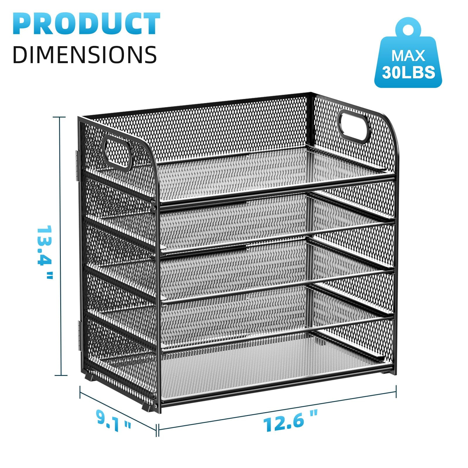Marbrasse 5-Tier Paper Letter Tray Organizer with Handles, Mesh desktop file storage rack，Metal Desktop Document Shelf Tray Office Classroom Organization