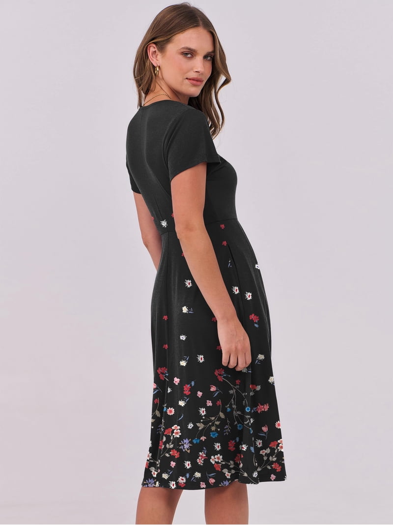 black a line knee length dress Anrabess Women Summer Casual Short Sleeve V Neck A-Line Pleated Flowy 2026 Fashion Midi Dresses with Pocket Floral Medium _okendo:syndication_key:CL135131002 balancing structure with feminine Waist:W-40 Black and Gold George