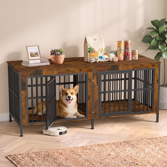 Ironovahome 78" Dog Crate Furniture for 2 Large Dogs with Sturdy Removable Divider and Double Doors, XXL Extra Large Indoor Dog Kennel, Thick Heavy Duty Wooden Dog Cage, Brown