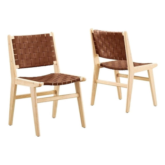 Maklaine 17.5" Woven Leather Dining Side Chair in Natural/Brown (Set of 2)
