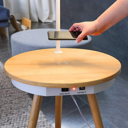 Brightech Owen Wireless Charging, Wood End Table With Built In Lamp