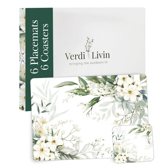 Verdi Livin White Lily Cork Placemats Set of 6 and Matching Coasters (12 Pieces) - Heat Resistant Cork Place Mats 16"" x 12"", Hard Backed Cork placemats,, Large