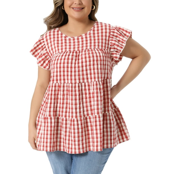 Blusa de mujer plus size de los años 50 con estampado de cuadros, cuello redondo, mangas cortas acampanadas, blusas de verano estilo babydoll 1X roja