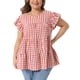 thumbnail image 1 of Blusa de mujer plus size de los años 50 con estampado de cuadros, cuello redondo, mangas cortas acampanadas, blusas de verano estilo babydoll 1X roja, 1 of 6