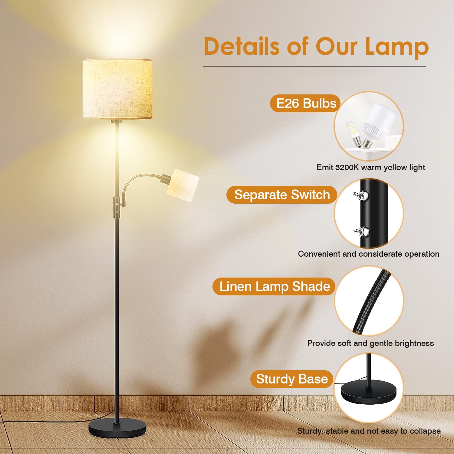 iMounTEK Floor Lamp, Tall Standing Lamp with Reading Light for Living Rooms & Offices, Modern Corner Lamp with Linen Shade, 3200K , Bulb Included, Grey
