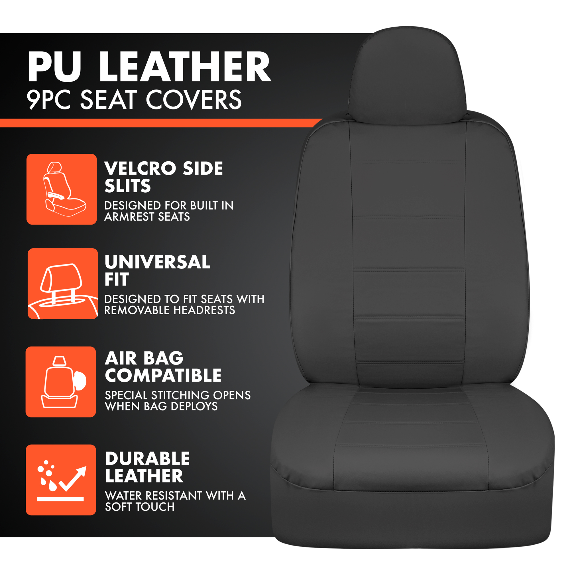 carXS UltraLuxe Black Faux Leather Car Seat Covers Full Set, Front & Rear Bench Seat Cover for Cars Trucks SUV - image 2 of 8