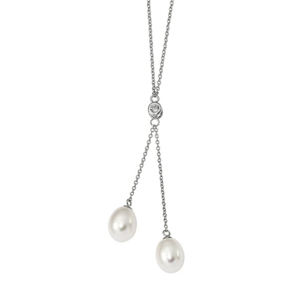 Primal Silver Sterling Silver RH8-9mm White Rice Freshwater Cultured Pearl Cubic Zirconia Dangle Necklace