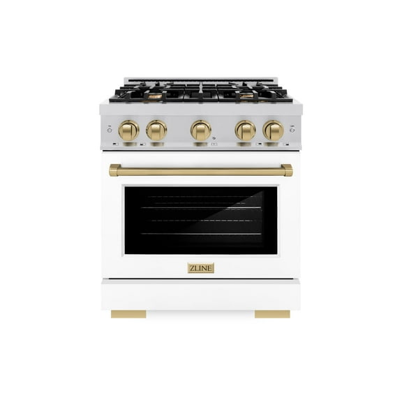 ZLINE Autograph Edition 30 in. 4.2 cu. ft. Dual Fuel Range with 4 Burner Gas Cooktop and Electric Convection Oven in Stainless Steel with White Matte Door and Champagne Bronze Accents (HDRZ-WM-30-CB)