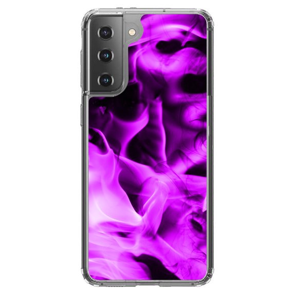 DistinctInk Clear Shockproof Hybrid Case for Galaxy S21 5G (6.2" Screen) - TPU Bumper, Acrylic Back, Tempered Glass Screen Protector - Violet Flame Fire - Printed Image of Fire