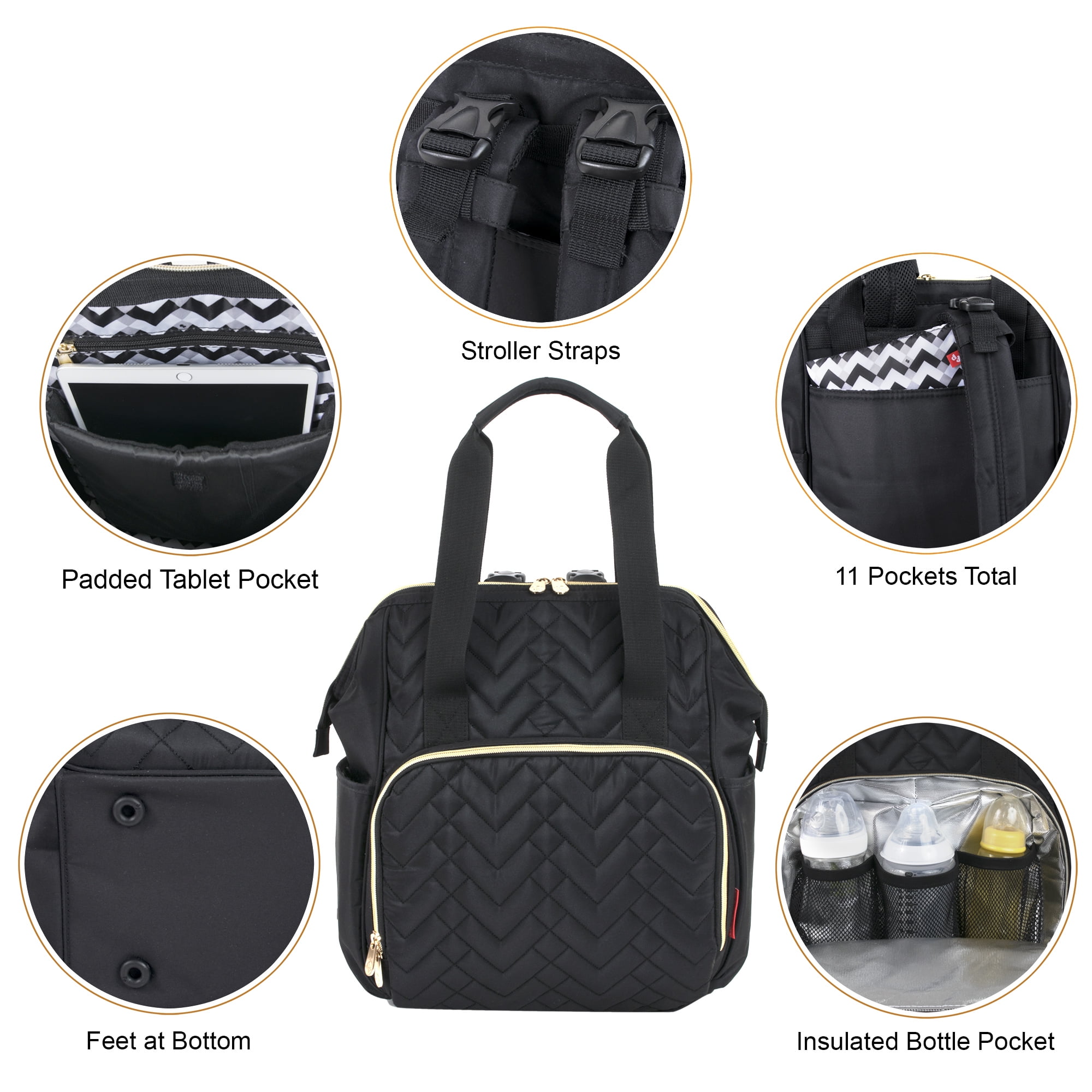 Fisher-Price Multi-Pocket Diaper Bag with Changing Pad, Midnight Black