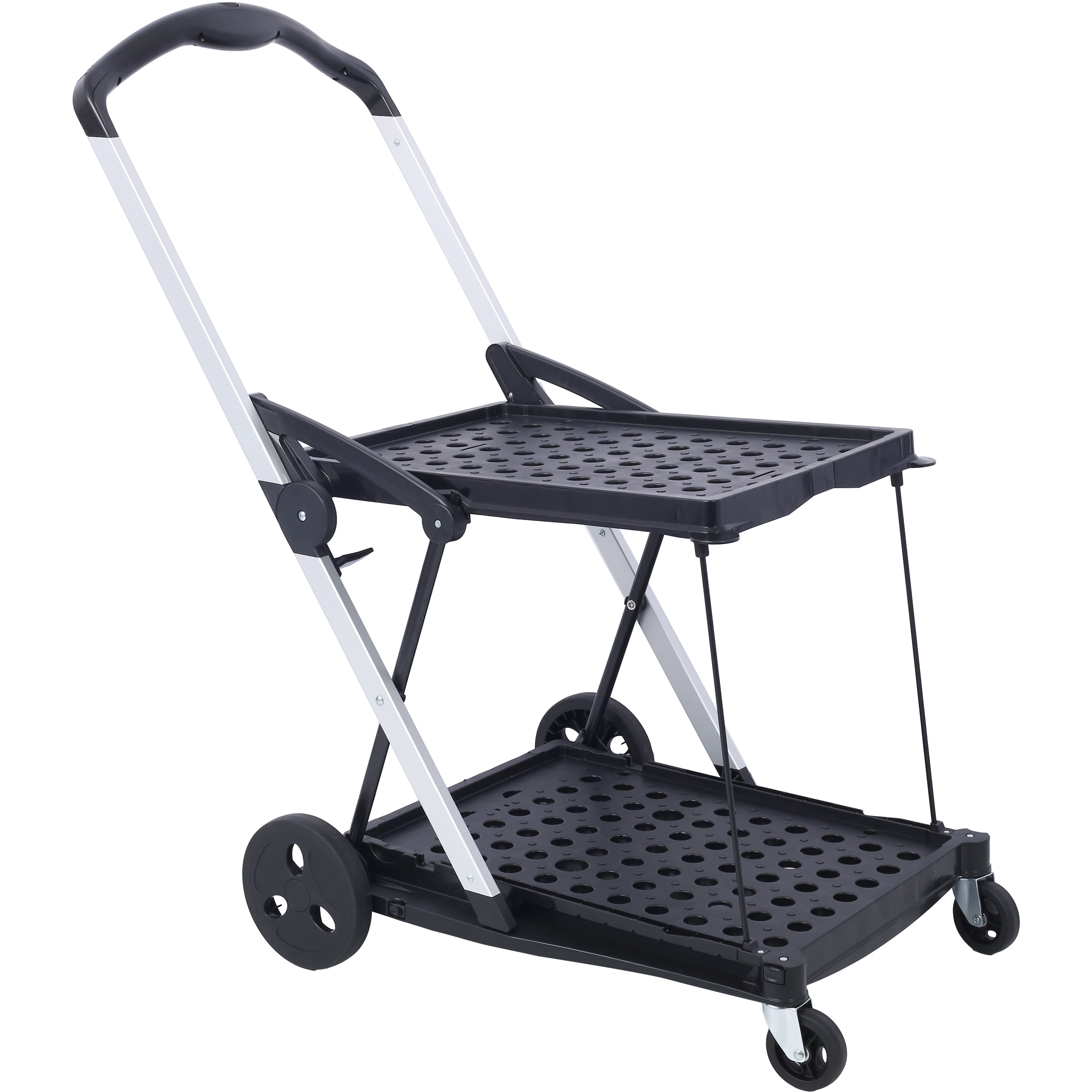 2-Tier Collapsible Utility Cart with Basket, Aluminum Steel Frame, 360° Swivel Wheels & Foot Brake, One-Hand Fold Portable Shopping Cart, Heavy Duty for Shopping Warehouse Home Office
