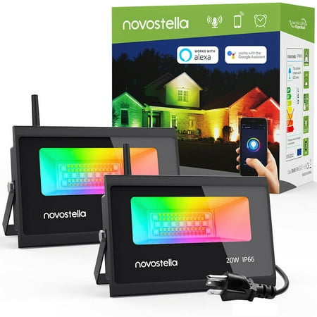 Novostella 2 Pack 20W Smart LED RGBCW WiFi Outdoor Dimmable Flood Lights, 2700K-6500K, 2000LM, Color Changing Stage Lights, IP66 Waterproof, Multicolor Wall Washer Lights, Voice Control
