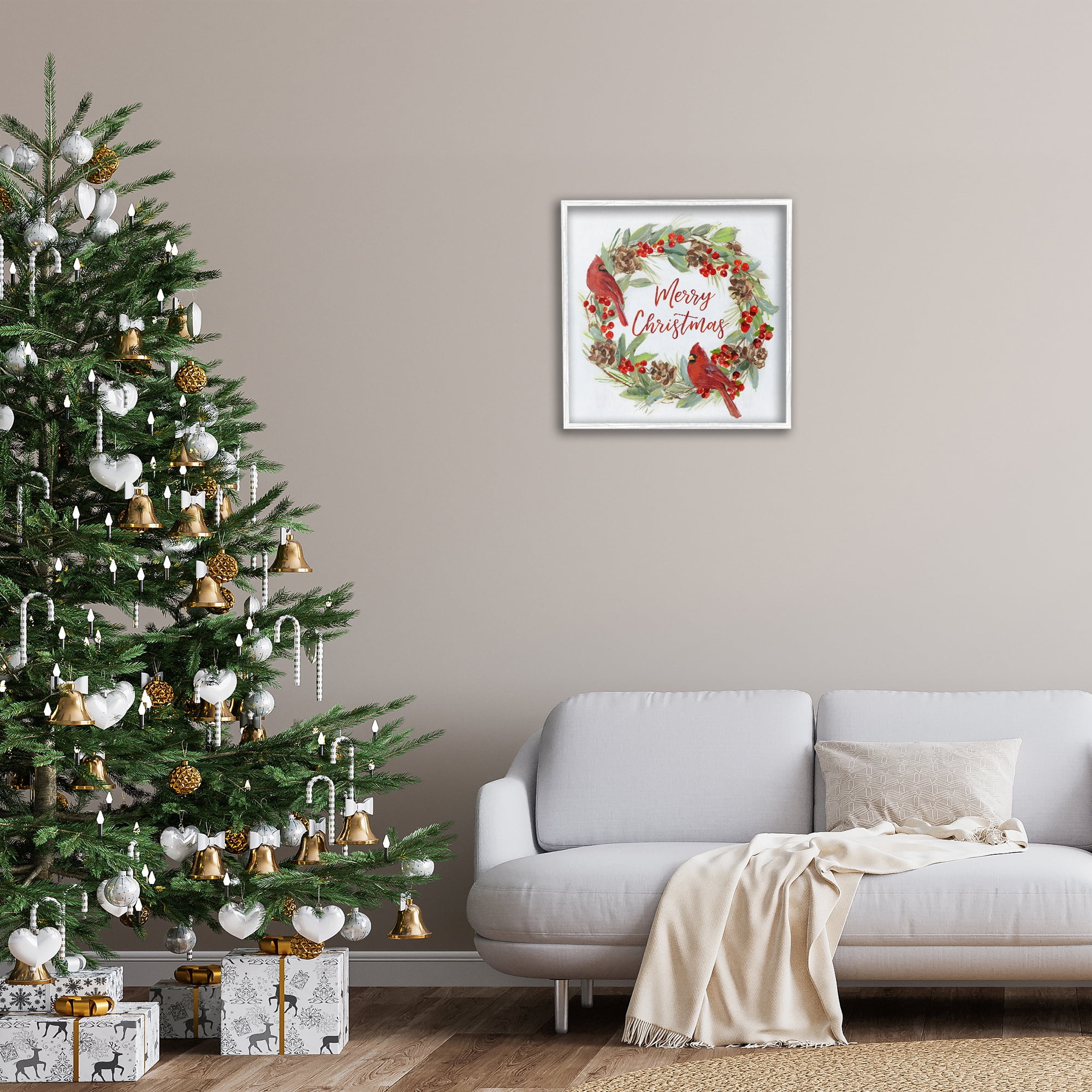 Stupell Industries Cardinals & Merry Christmas Holiday Painting White Framed Art Prints Wall Art, 24 x 24