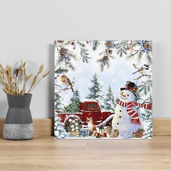Red Snowman Christmas Wall Art Painting on Canvas, Xmas Tree Snowflake Truck Canvas Art Home Prints Wall Art Framed Modern Artwork for Living Room Bedroom Wall Decor 8x8in
