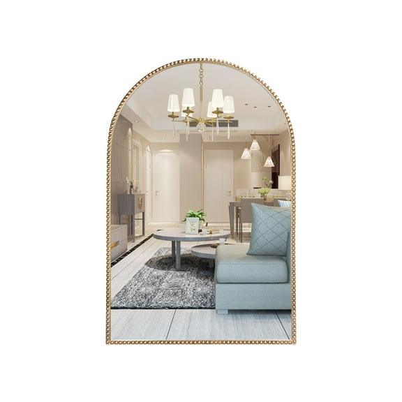 Wemily Antique Gold 24"x36" Arched Wall Mirror with Metal Beaded Frame - Decorative Accent Wall Mirror for Bathroom, Bedroom, Living Room, Entryway