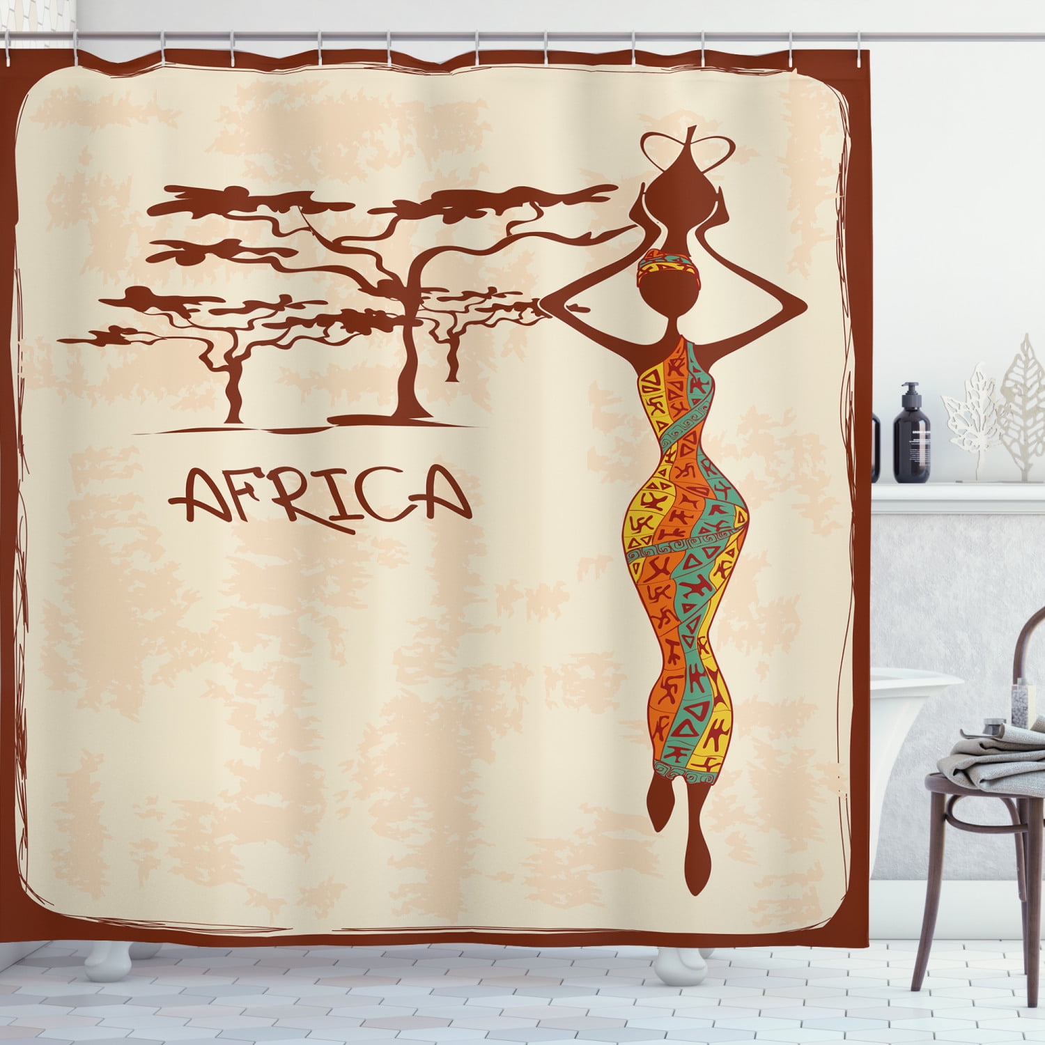 African Woman Shower Curtain, Vintage Africa Themed Illustration Slim Indigenous Girl Figure